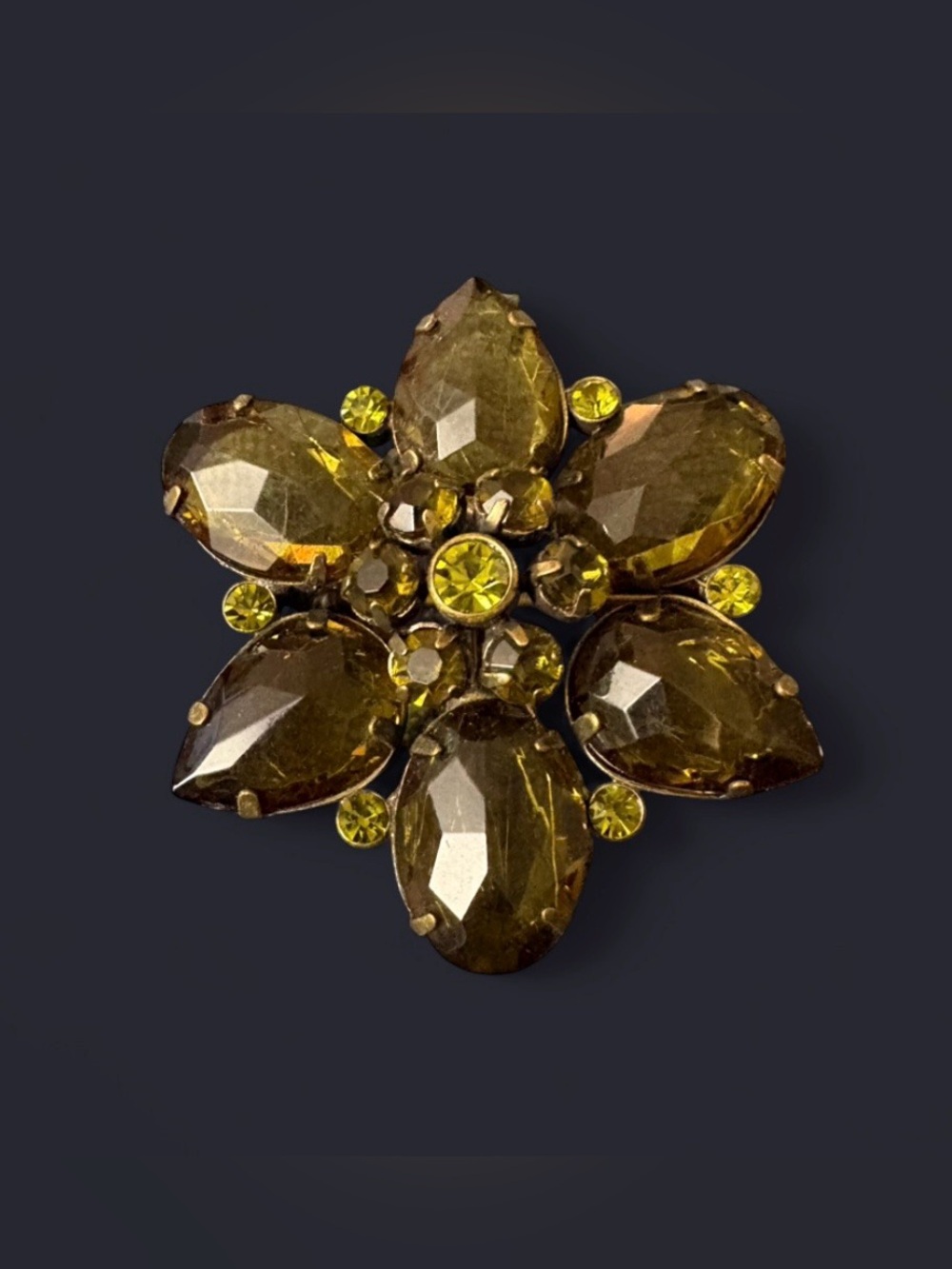 Vintage Rhinestone Flower Brooch Olive Amber